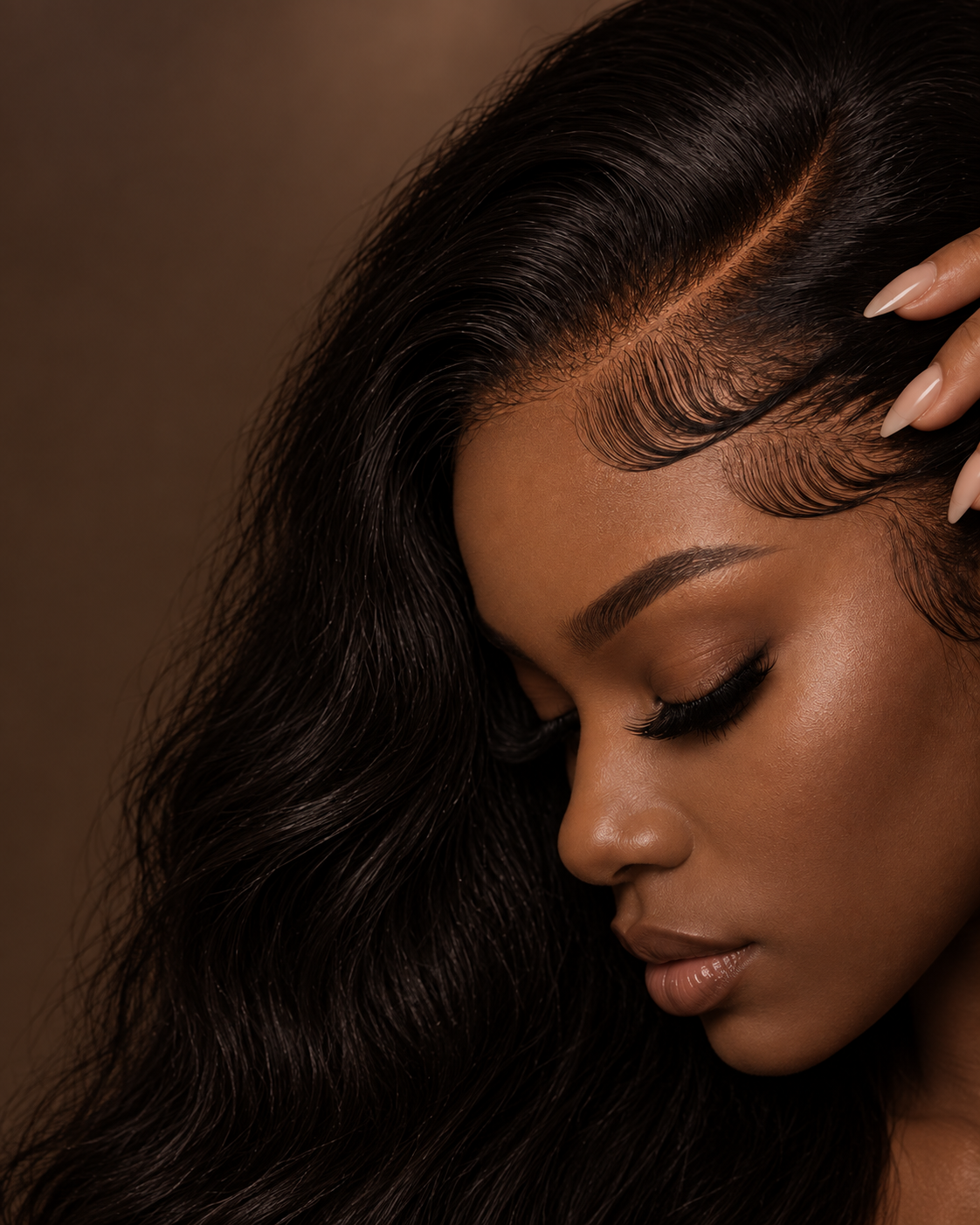 Portrait of a woman with long black hair, a side part and sculpted textured edges